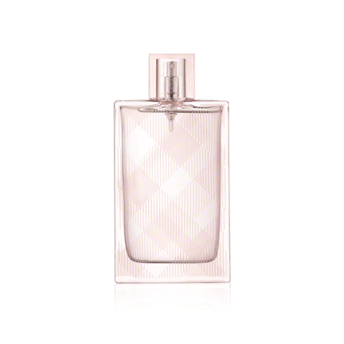 Clear perfume bottle with silver cap on a white background