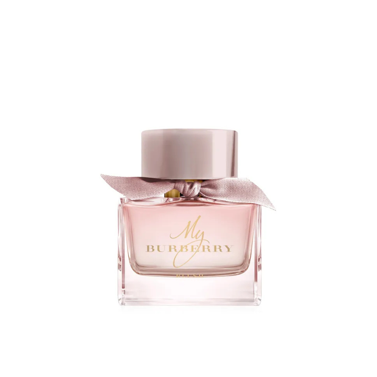 Burberry perfume bottle with pink cap and clear body on a white background