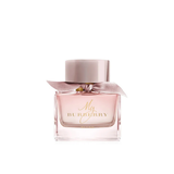 Burberry perfume bottle with pink cap and clear body on a white background