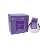 Bulgari Omnia Amethyste perfume bottle and packaging on a white background