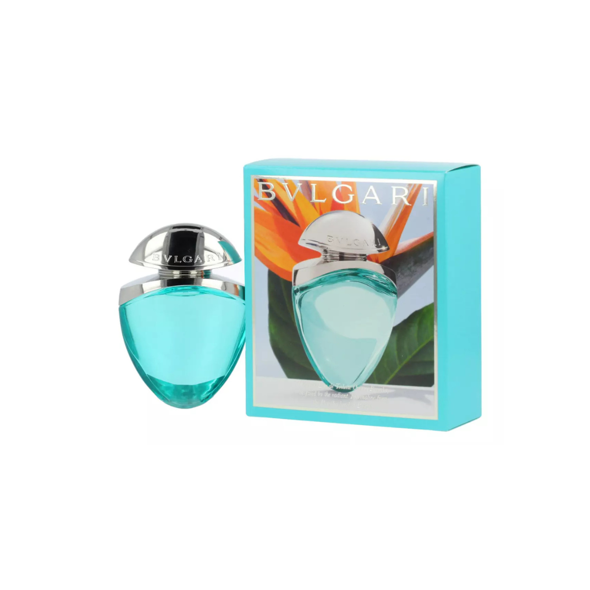 Bulgari perfume bottle and packaging on a white background