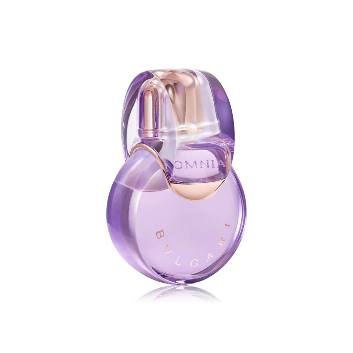 Purple perfume bottle with gold accents on a white background