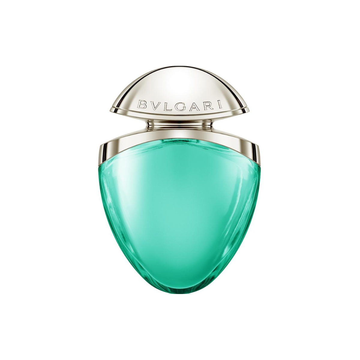 Bulgari perfume bottle with green glass and silver cap on a white background