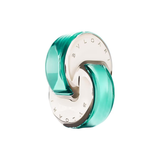 Bulgari perfume bottle with turquoise and silver design on a white background