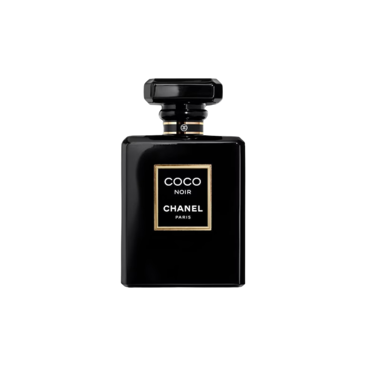 Black Chanel Coco Noir perfume bottle on a white background