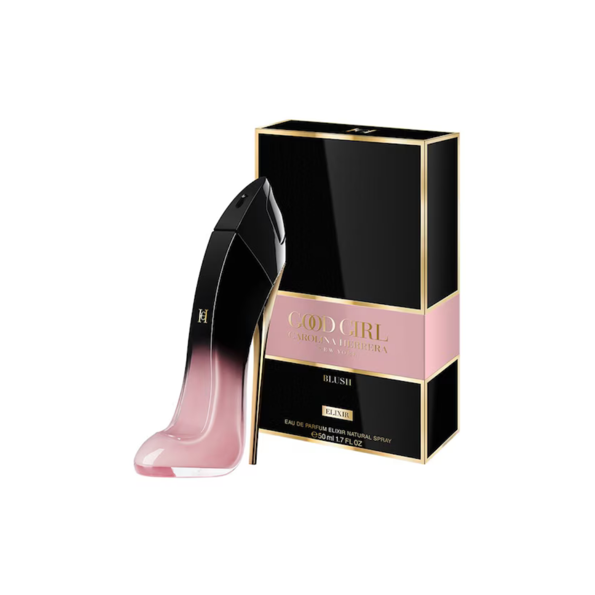 Pink high-heeled shoe-shaped perfume bottle with black box on a white background