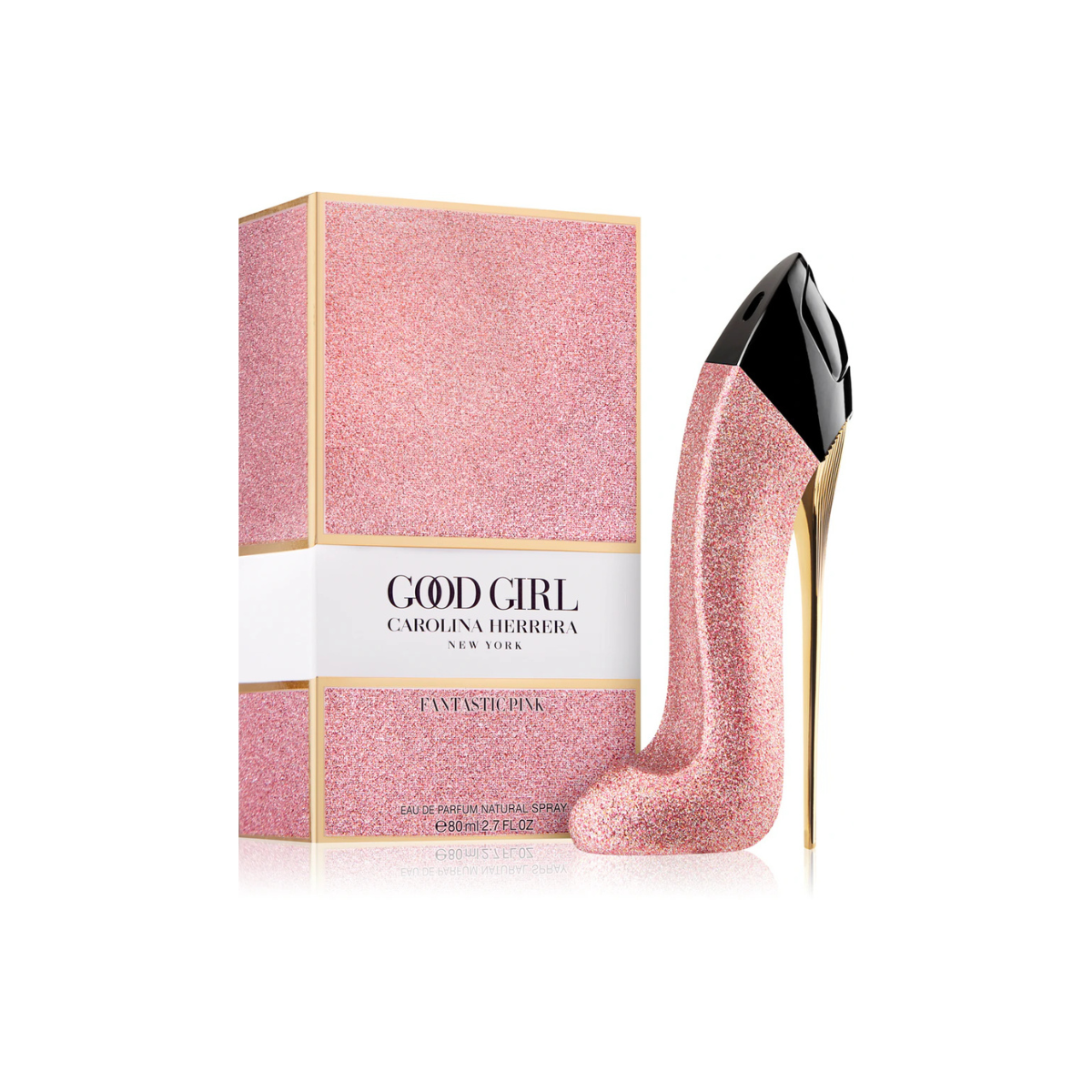 Pink glittery high heel shoe with 'Good Girl' Carolina Herrera packaging on a white background