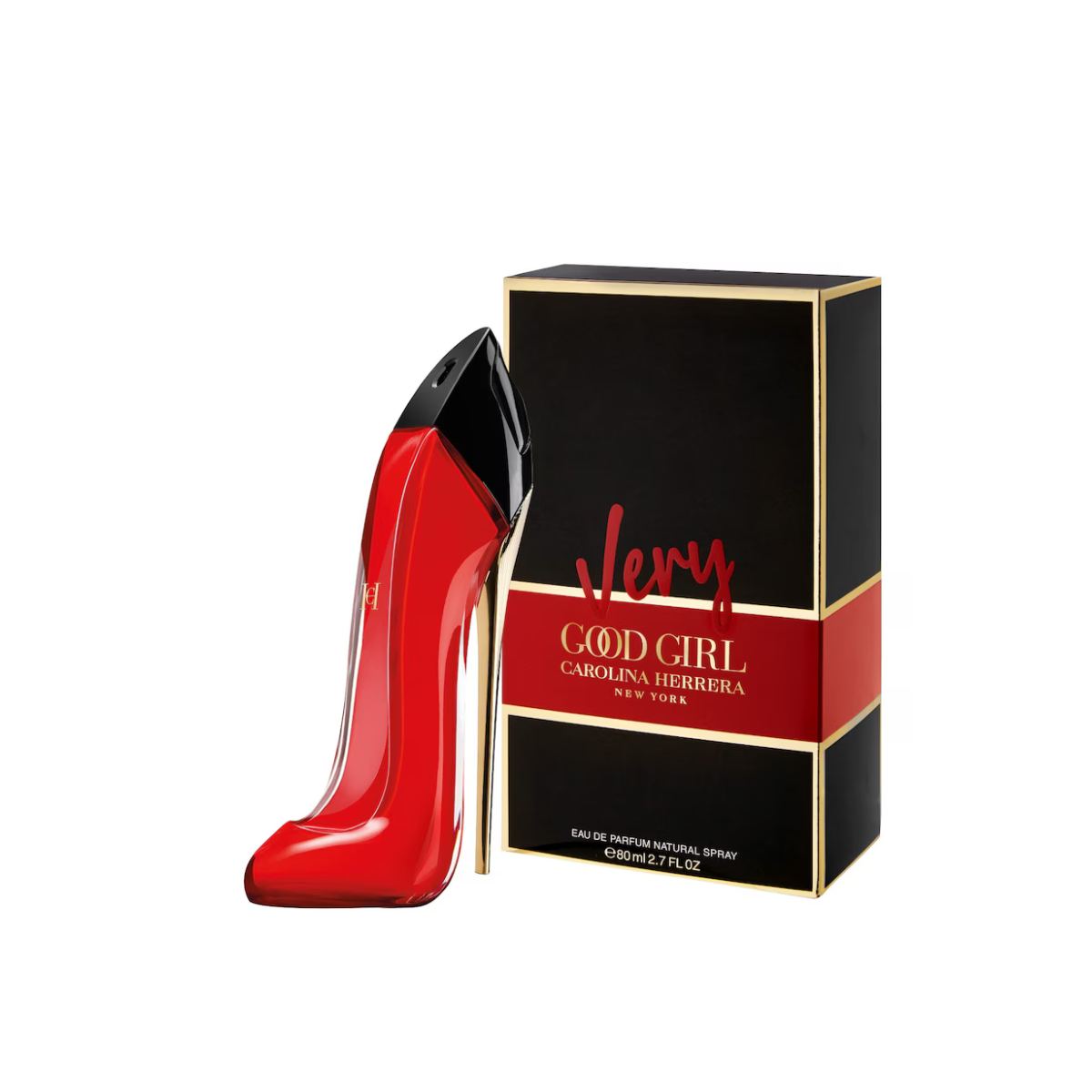 Red high-heeled shoe-shaped perfume bottle with black box labeled 'Carolina Herrera Good Girl' on a white background.