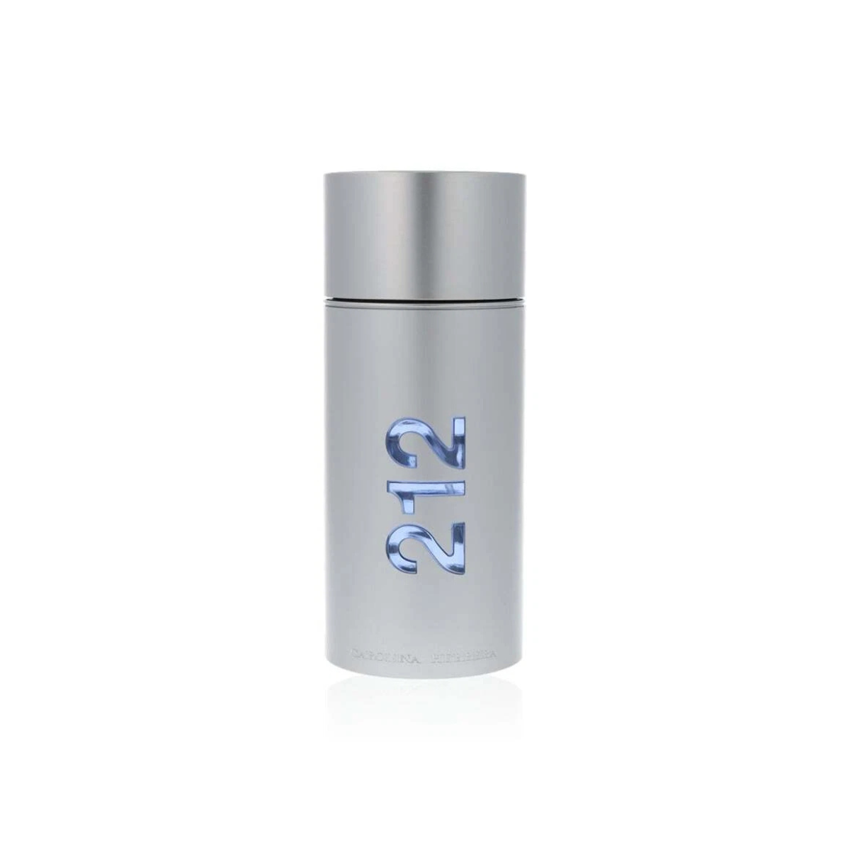 Silver cylindrical perfume bottle with '212' branding on a white background