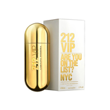 Gold Carolina Herrera 212 VIP perfume bottle with packaging on a white background