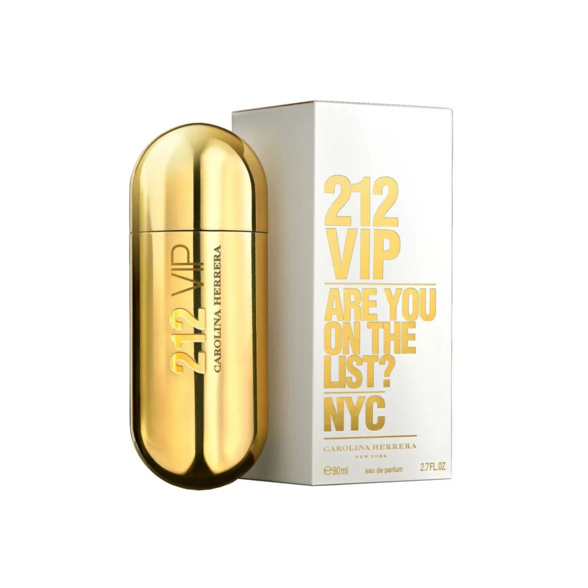 Gold Carolina Herrera 212 VIP perfume bottle with packaging on a white background