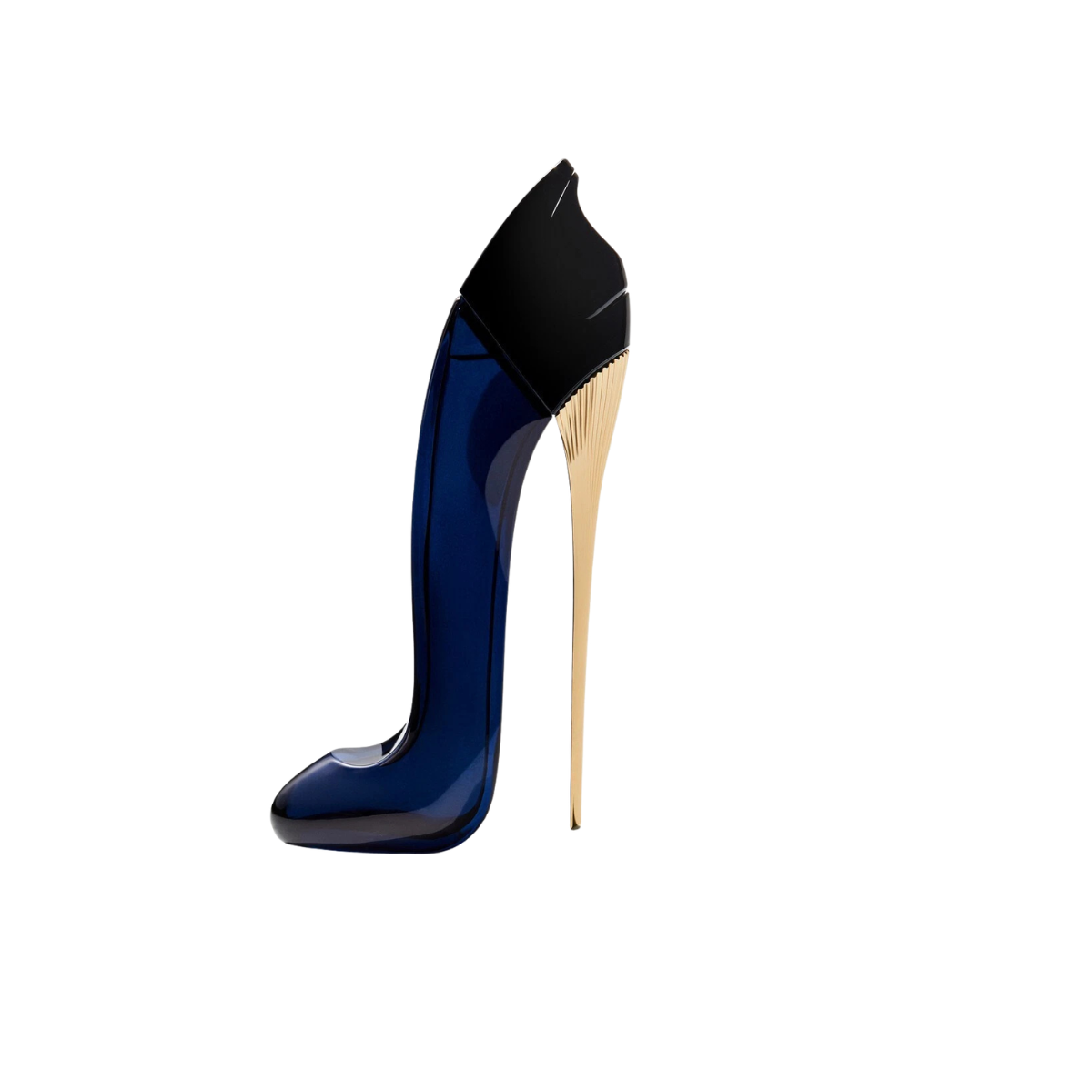 Blue high-heeled shoe with a black toe cap on a white background