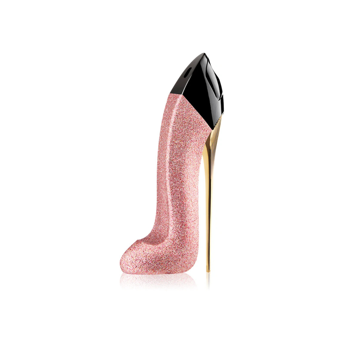 Pink glitter high heel shoe with black toe cap on a white background