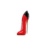 Red high-heeled shoe with a black toe cap on a white background