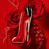 Red high-heeled shoe with gold accents on a red background with roses and berries