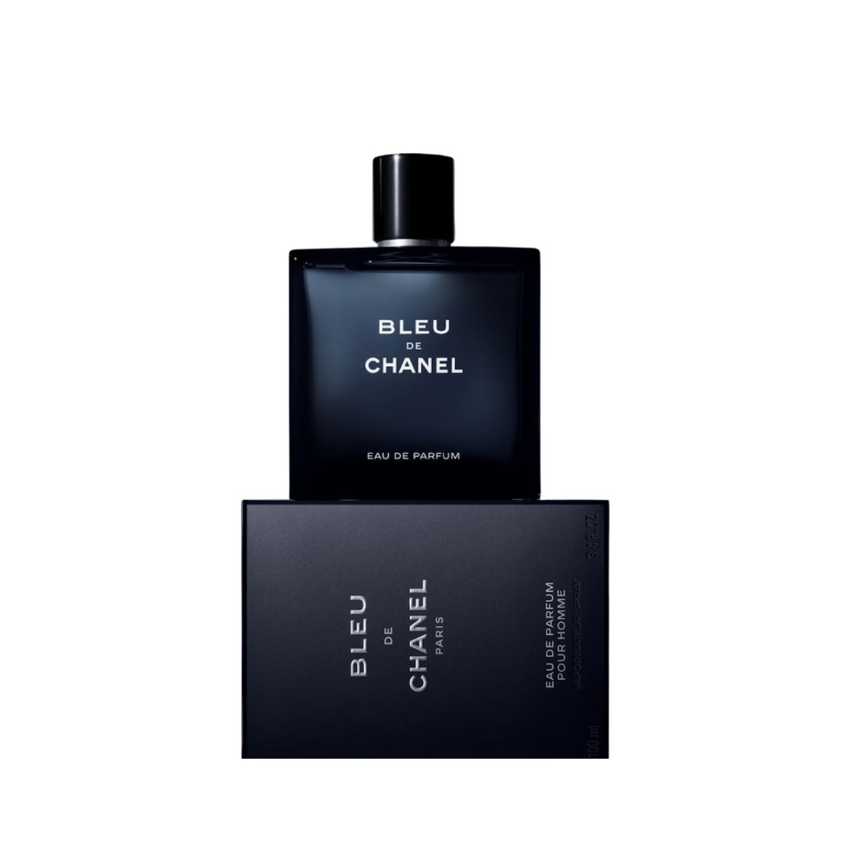 Bleu de Chanel Eau de Parfum bottle and packaging on a white background