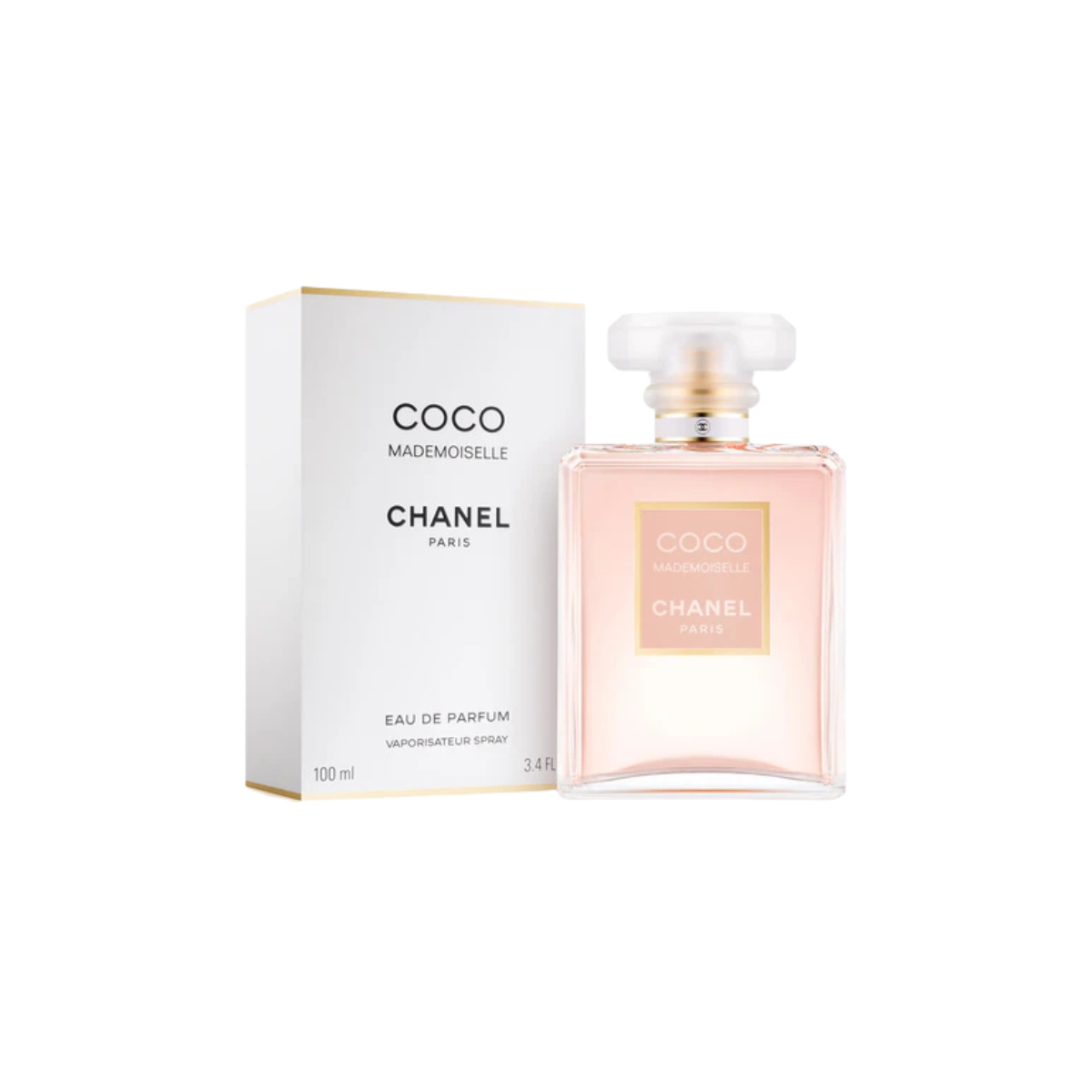 Chanel Coco Mademoiselle perfume bottle and packaging on a white background