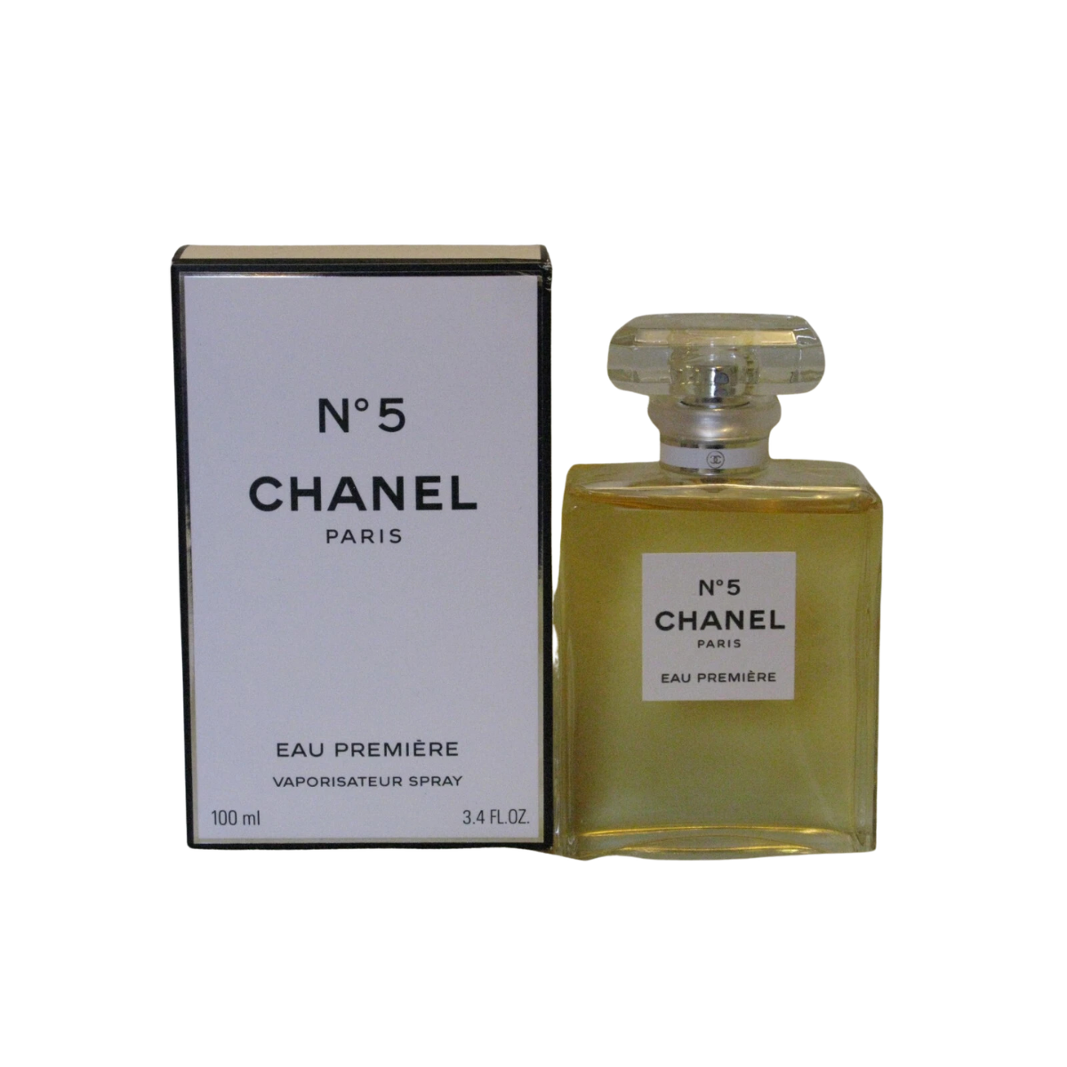 Chanel No 5 perfume bottle and packaging on a white background