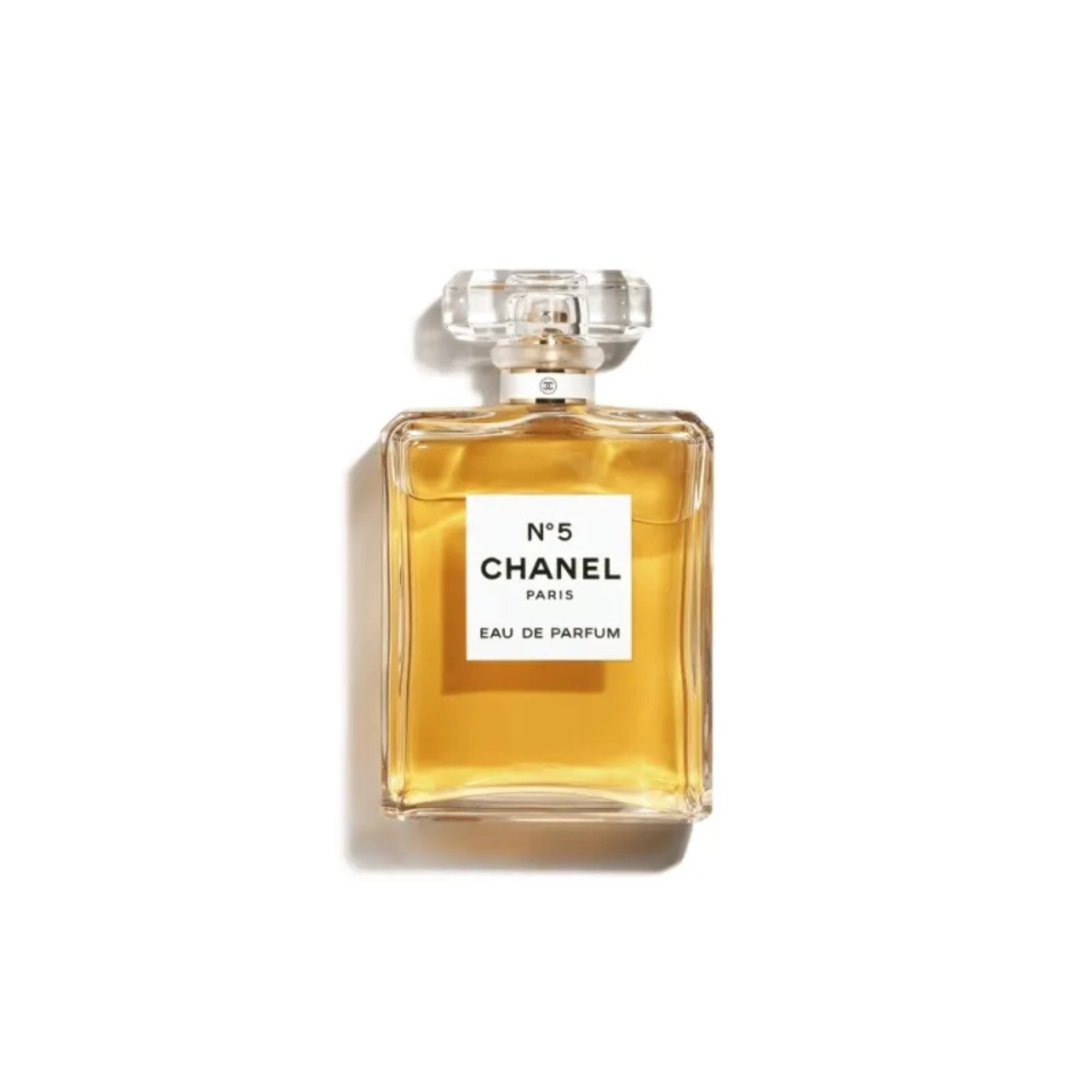 Chanel No 5 perfume bottle on a white background