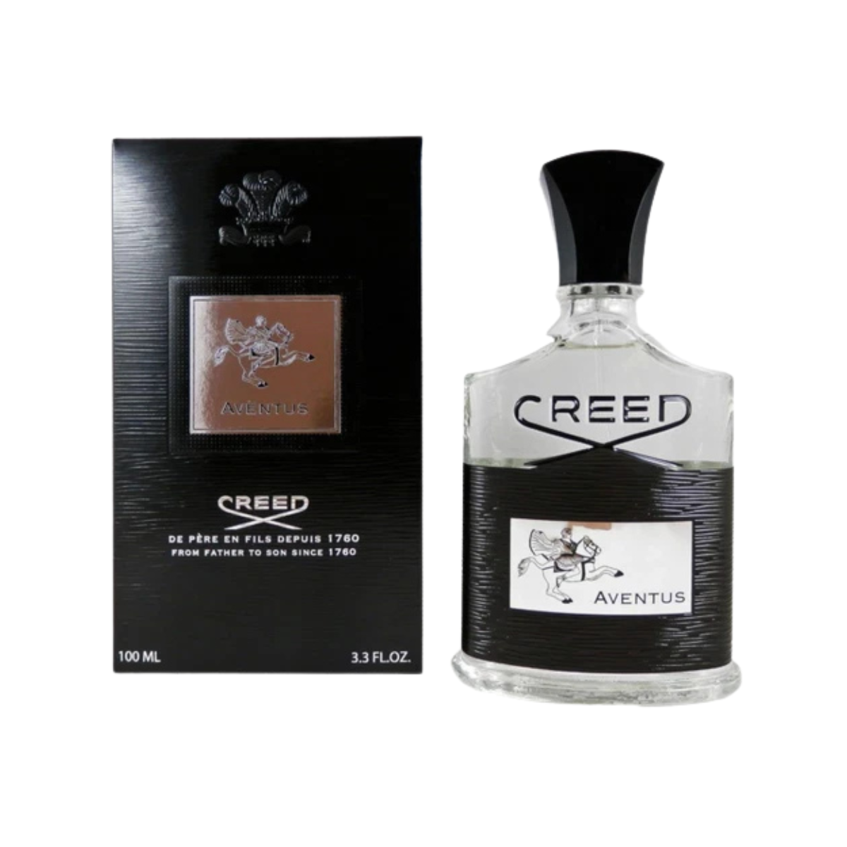 Creed Aventus perfume bottle and packaging on a white background