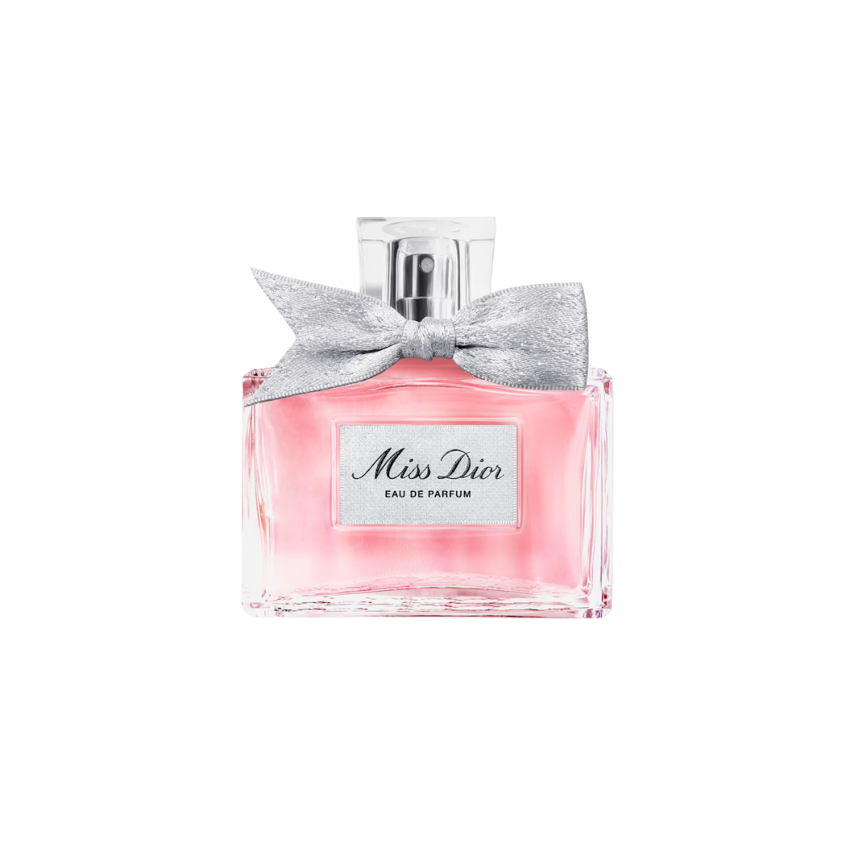 Miss Dior eau de parfum bottle with a silver bow on a white background