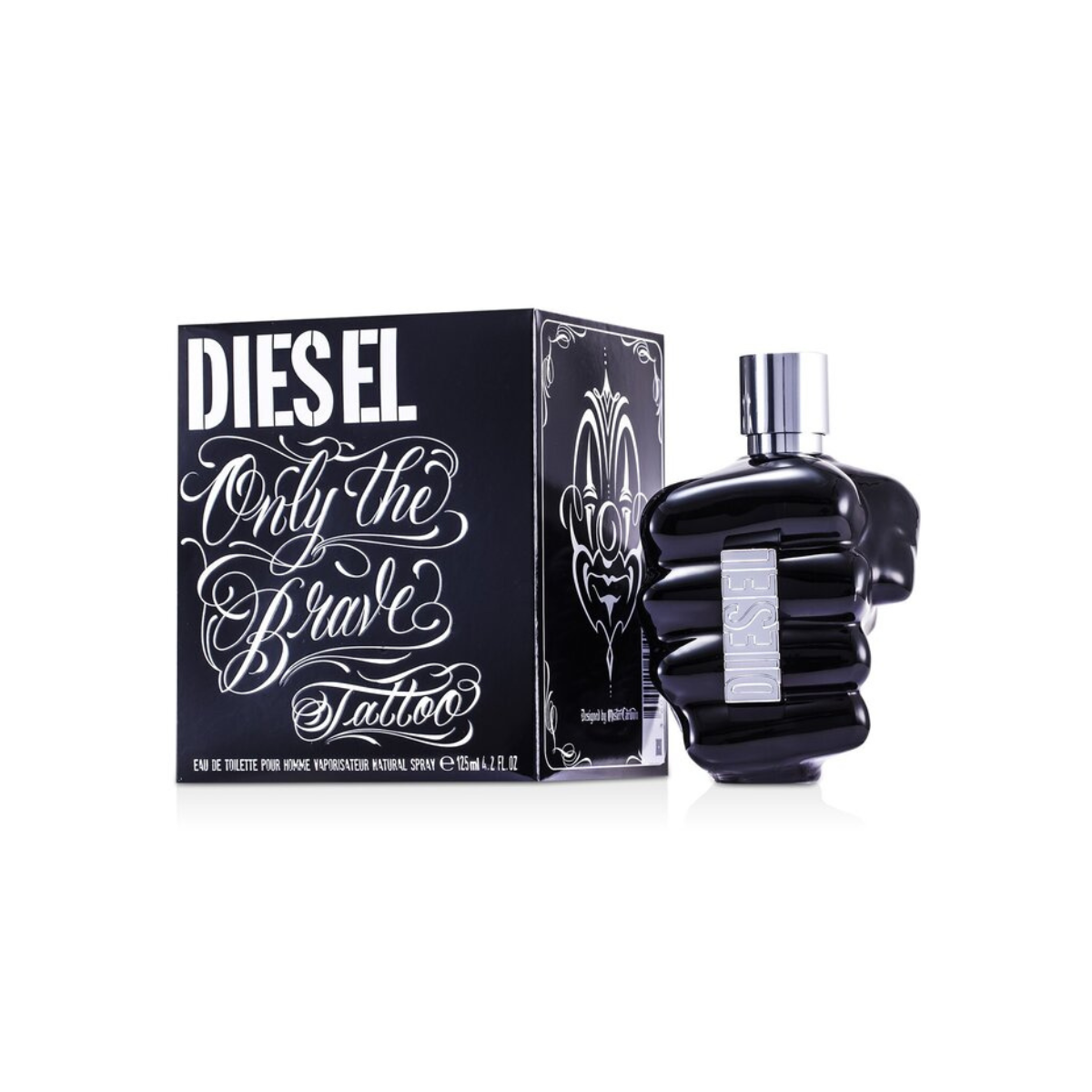 Black Diesel perfume bottle and packaging on a white background