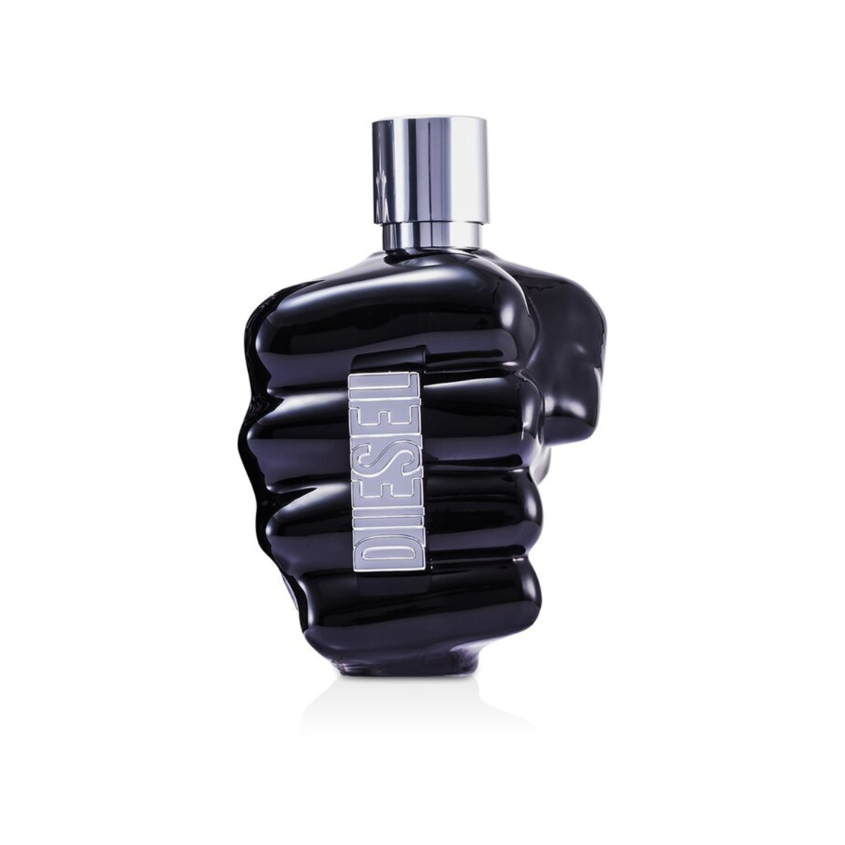 Black perfume bottle with silver cap on a white background