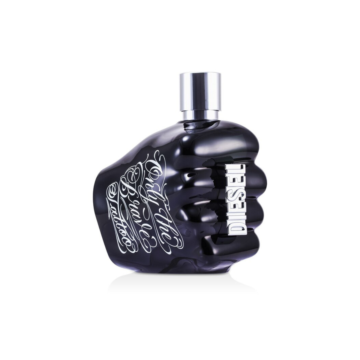 Black perfume bottle with silver cap on a white background