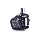 Black perfume bottle with silver cap on a white background