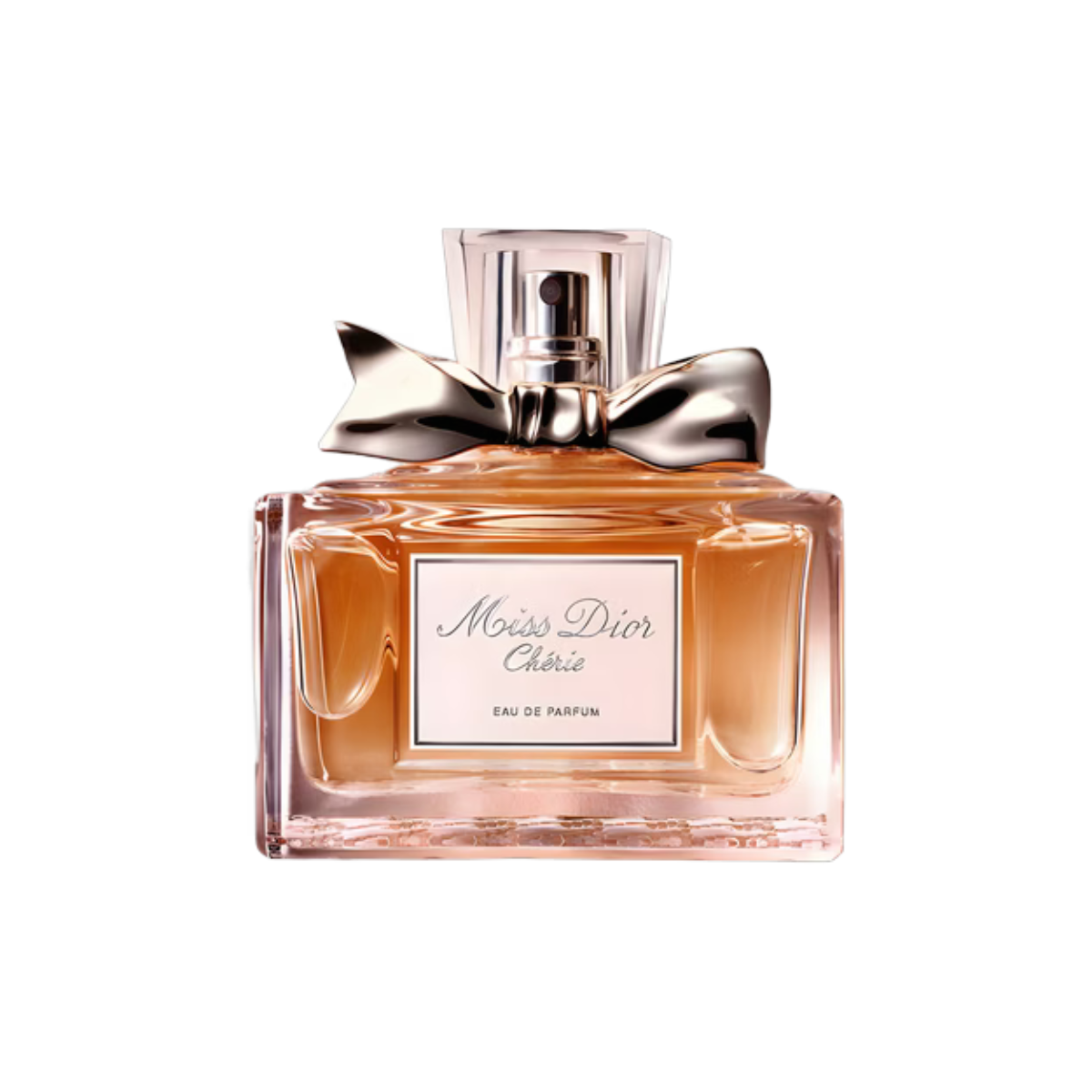 Miss Dior Cherie perfume bottle with a bow on a white background