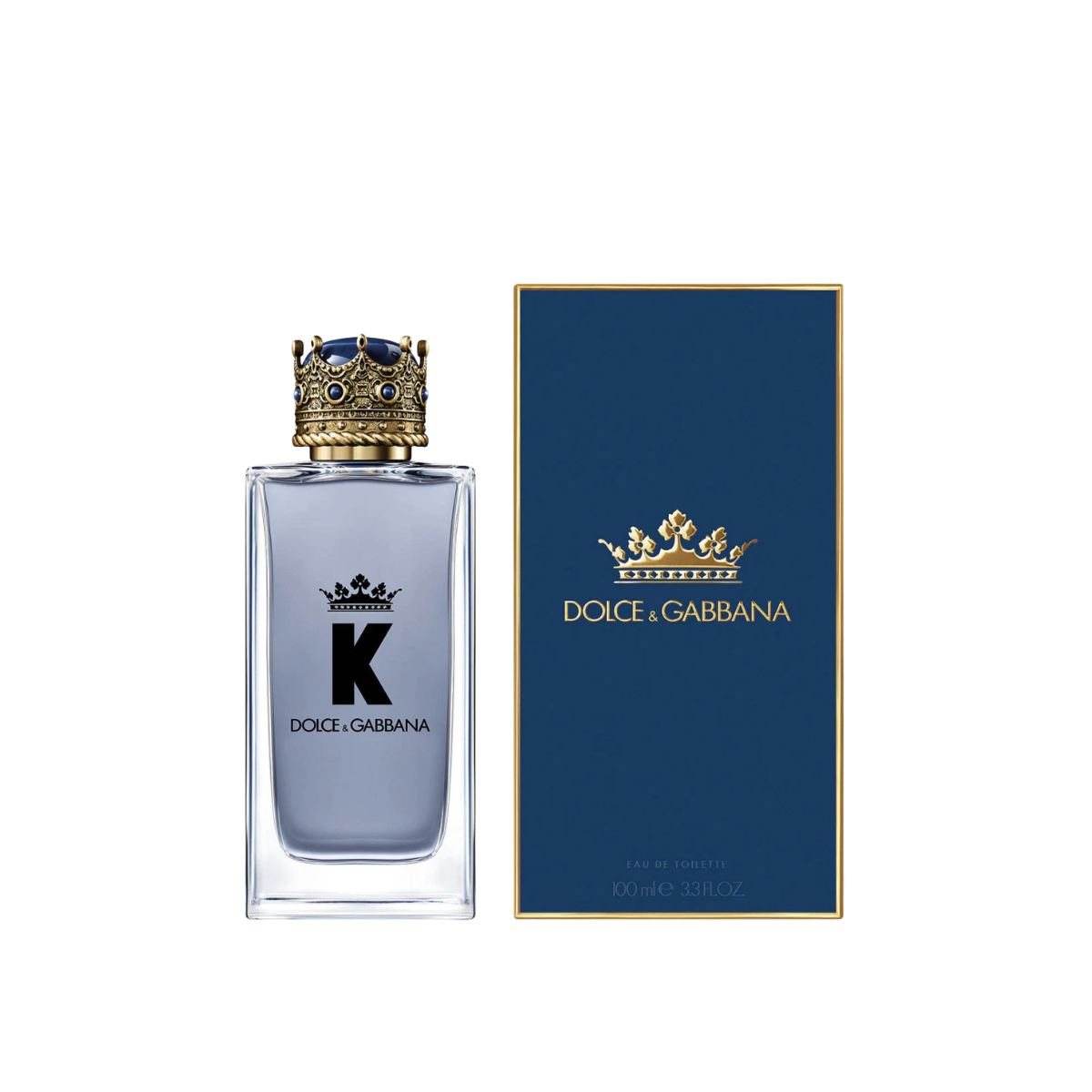 Dolce & Gabbana K perfume bottle and packaging on a white background