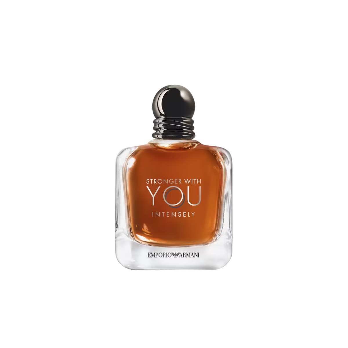 Perfume bottle labeled 'Stronger with You Intensely' by Emporio Armani on a white background