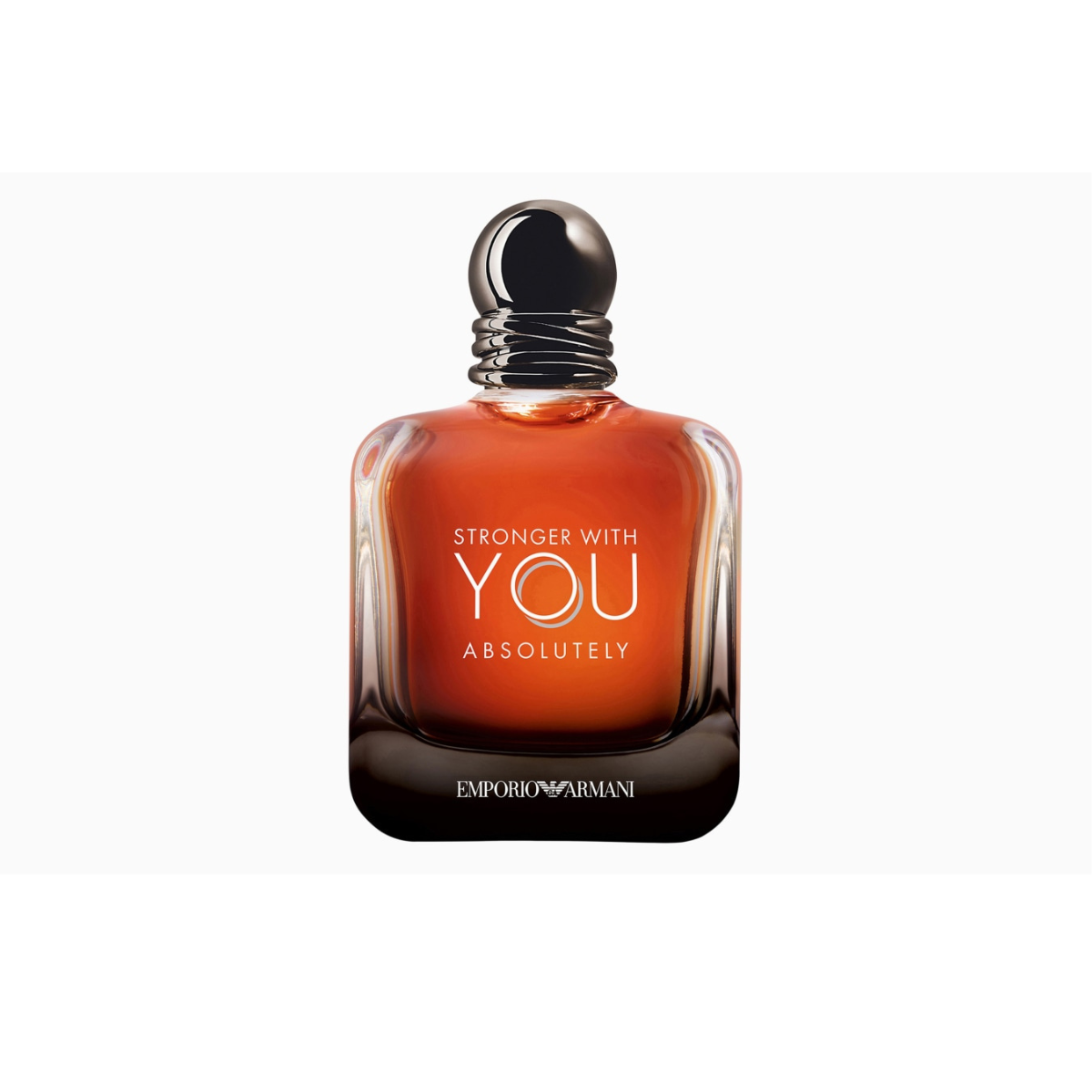 Perfume bottle with 'Stronger with You Absolutely' text and Emporio Armani logo on a white background