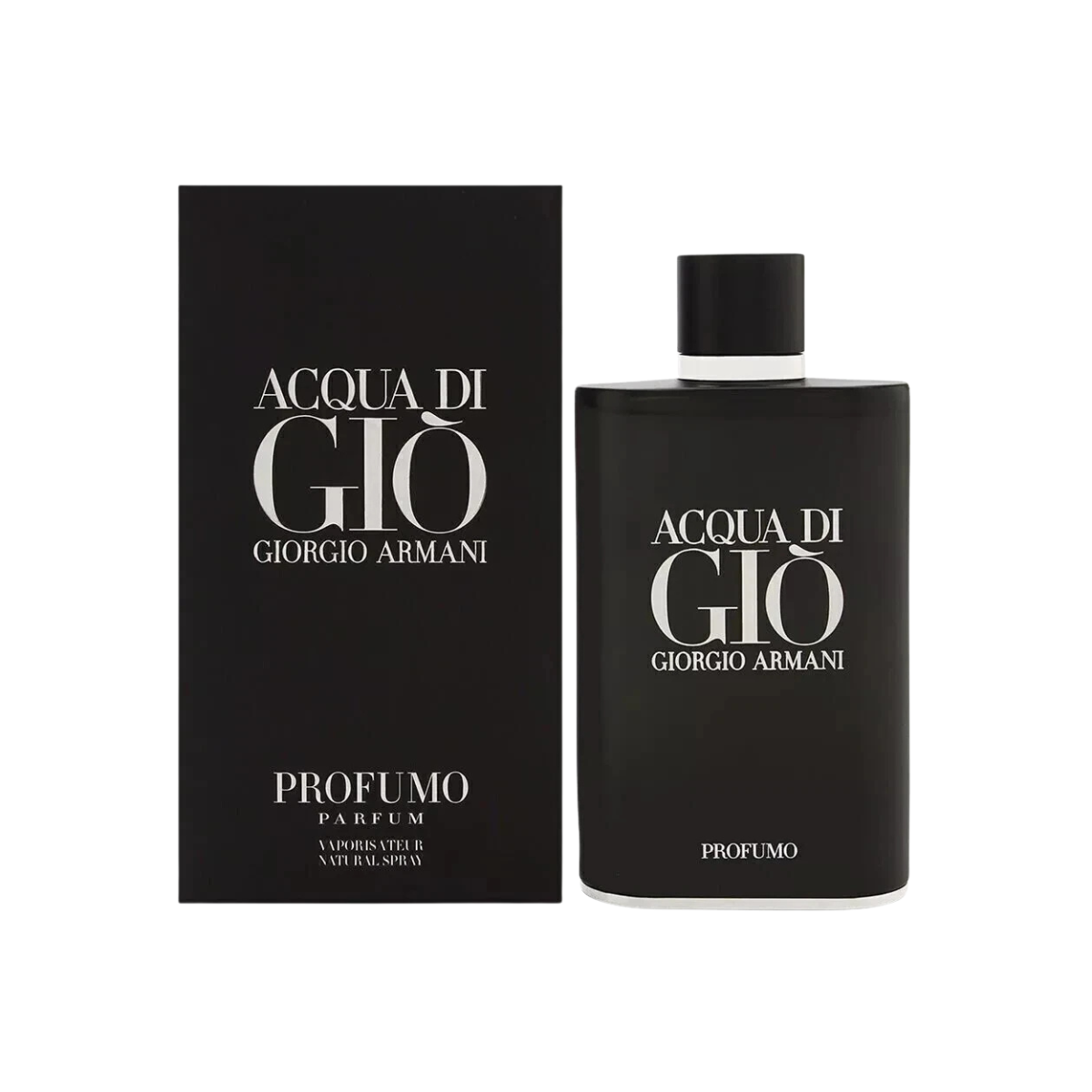 Black Giorgio Armani Acqua di Gio perfume bottle and packaging on a white background