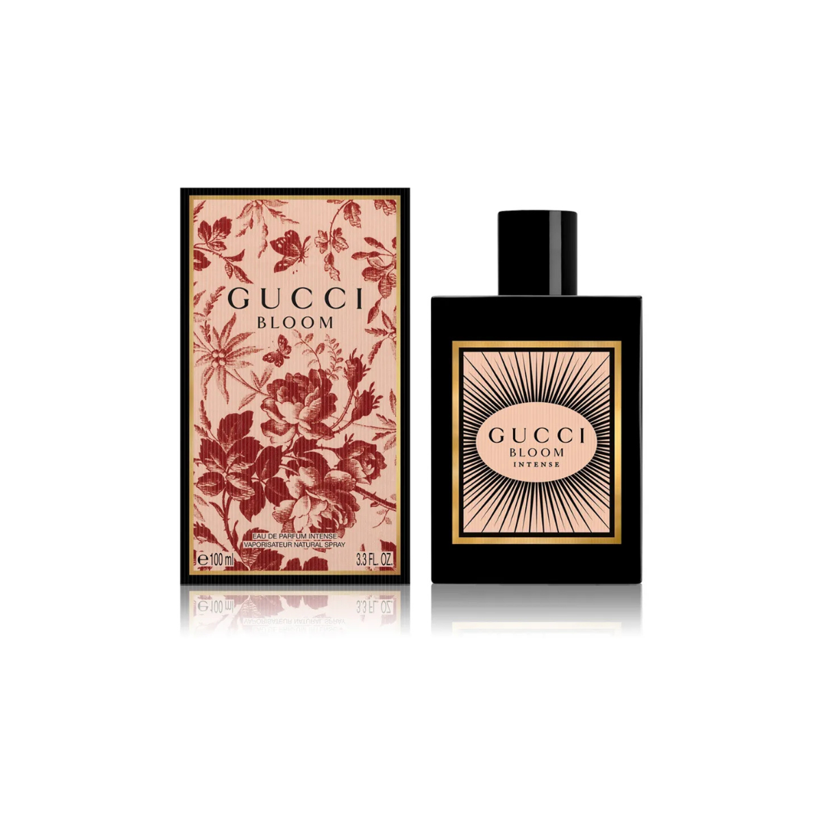Gucci Bloom perfume bottle and packaging on a white background
