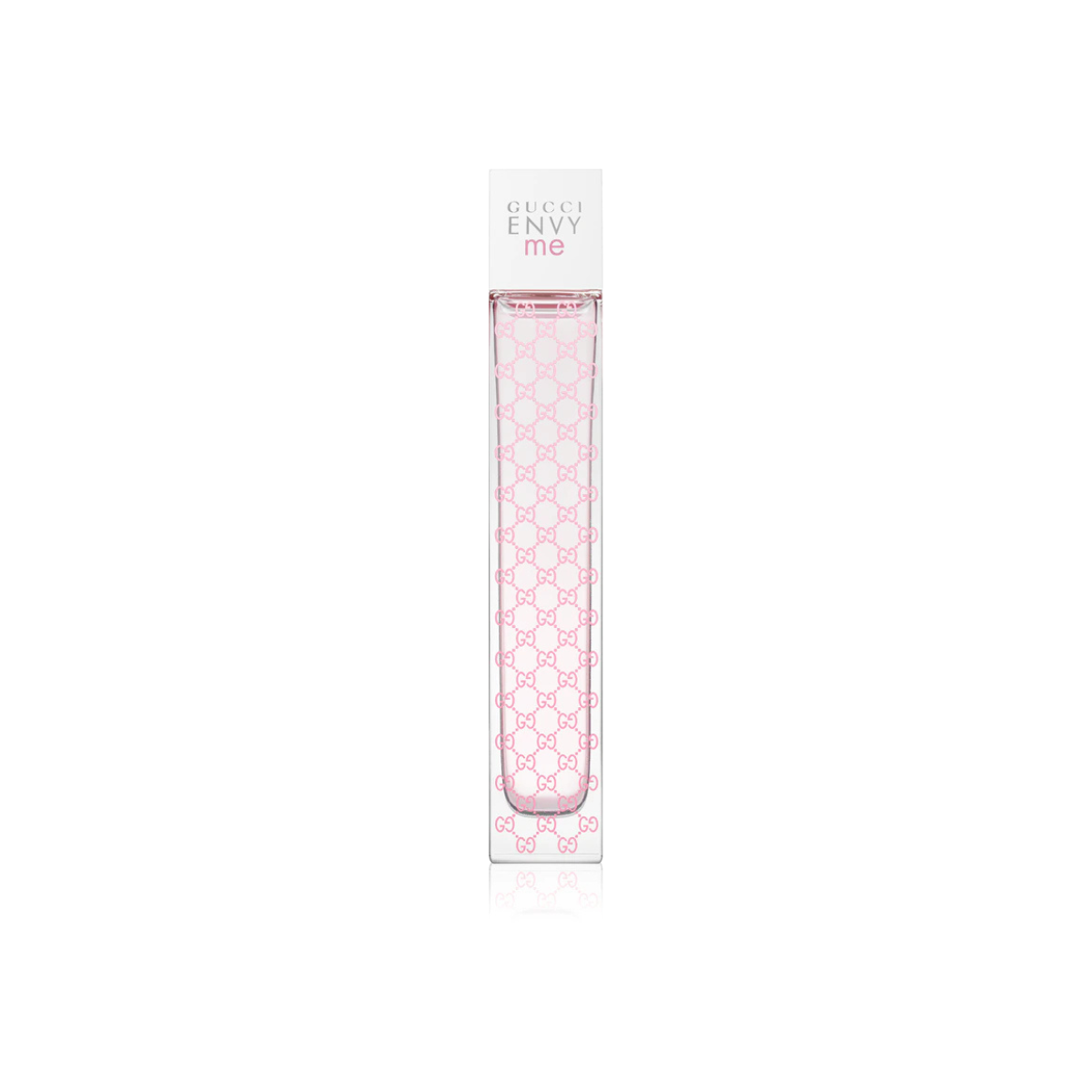 Pink Gucci Envy me perfume bottle on a white background