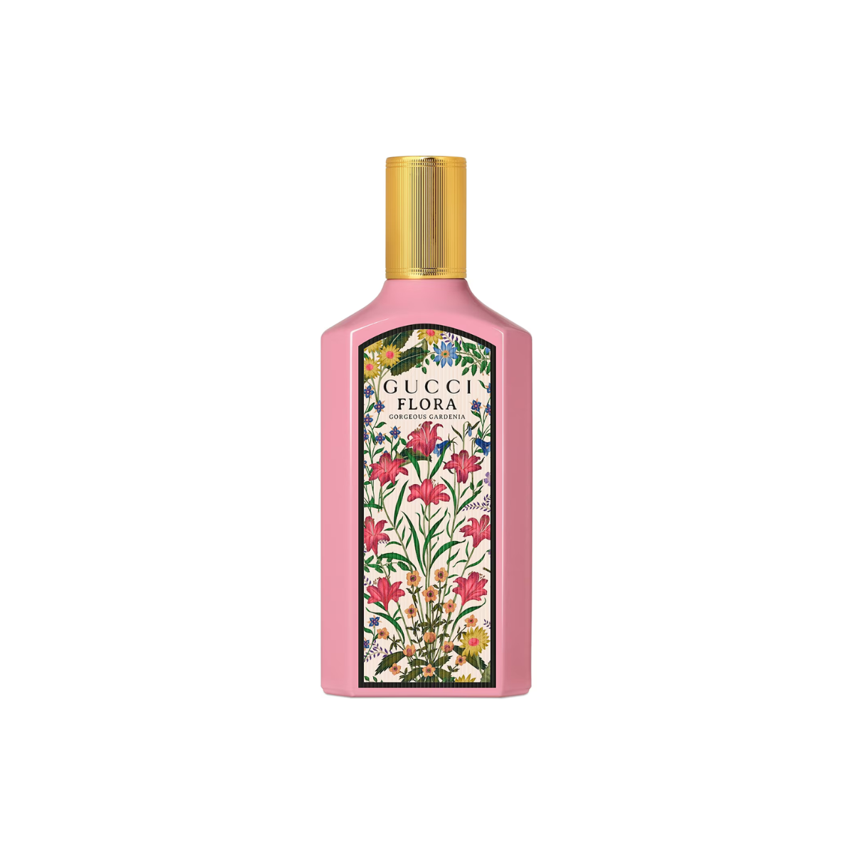 Gucci Flora perfume bottle with floral design on a white background