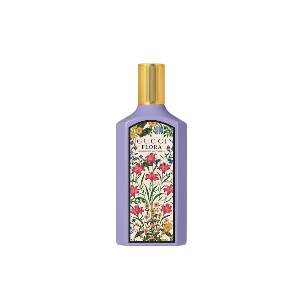 Gucci Flora perfume bottle with floral design on a white background