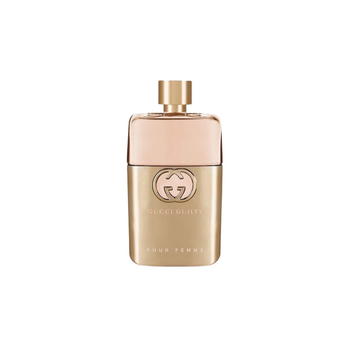 Gold Gucci perfume bottle on a white background