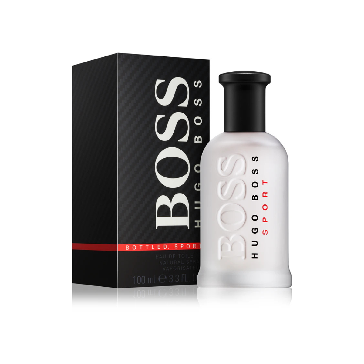 Hugo Boss bottled sport perfume bottle and packaging on a white background