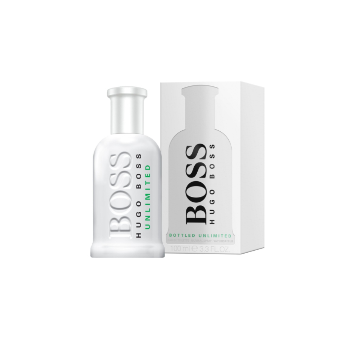 Hugo Boss Bottled Unlimited perfume bottle and packaging on a white background