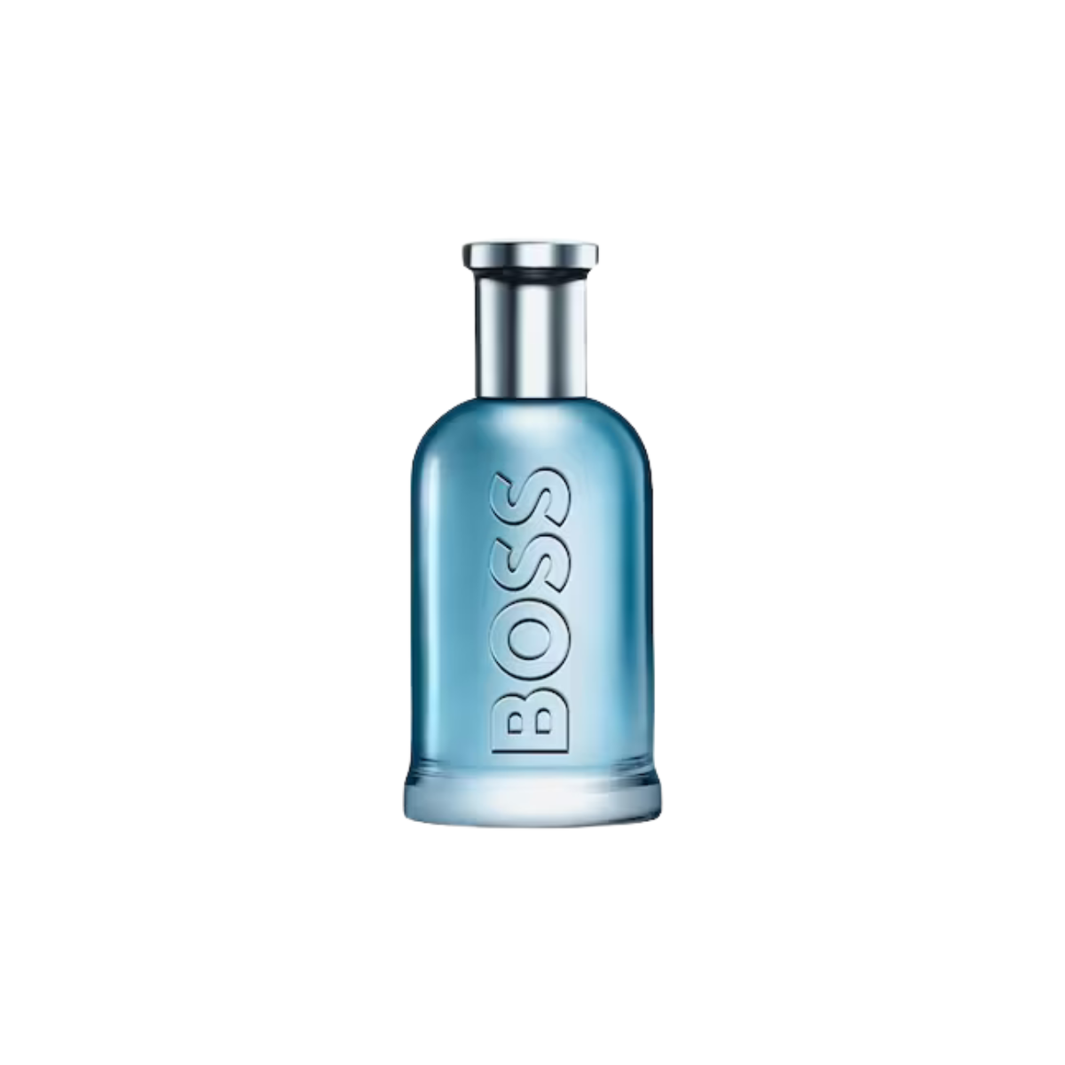 Blue perfume bottle with silver cap on a white background