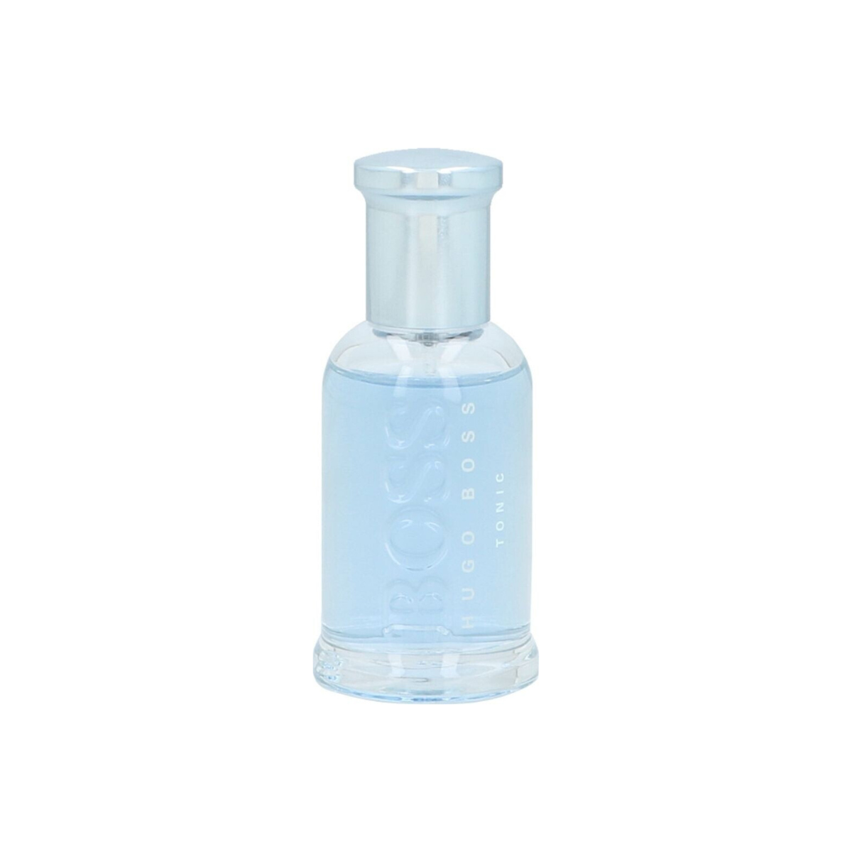 Clear bottle with blue liquid on a white background