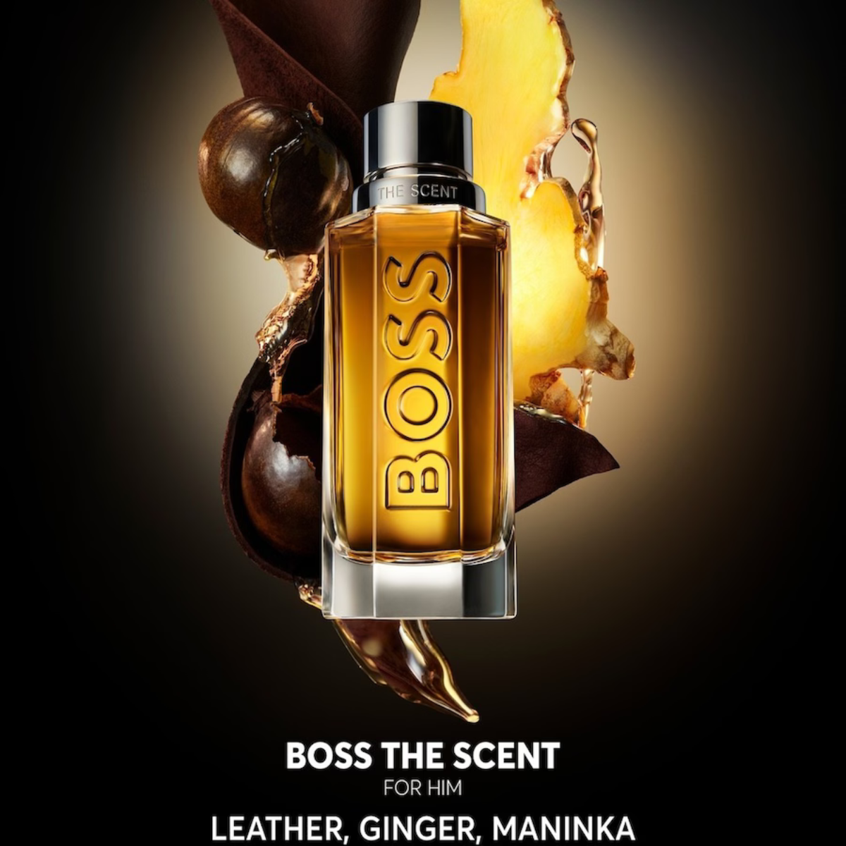 BOSS The Scent for Him perfume bottle with decorative elements on a dark background
