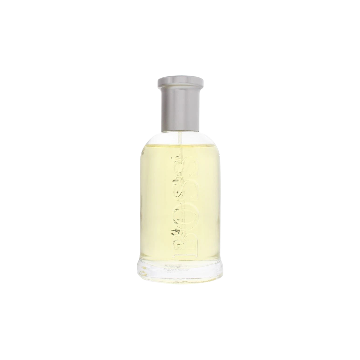 Perfume bottle with a silver cap on a white background