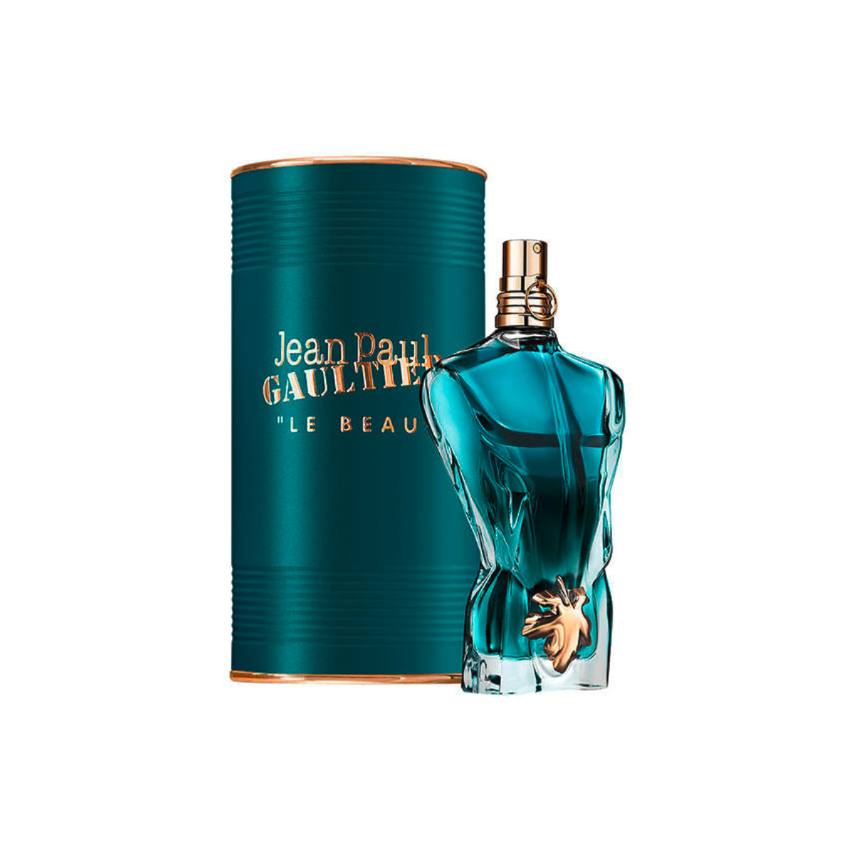 Blue perfume bottle and packaging with 'Jean Paul Gaultier' branding on a white background