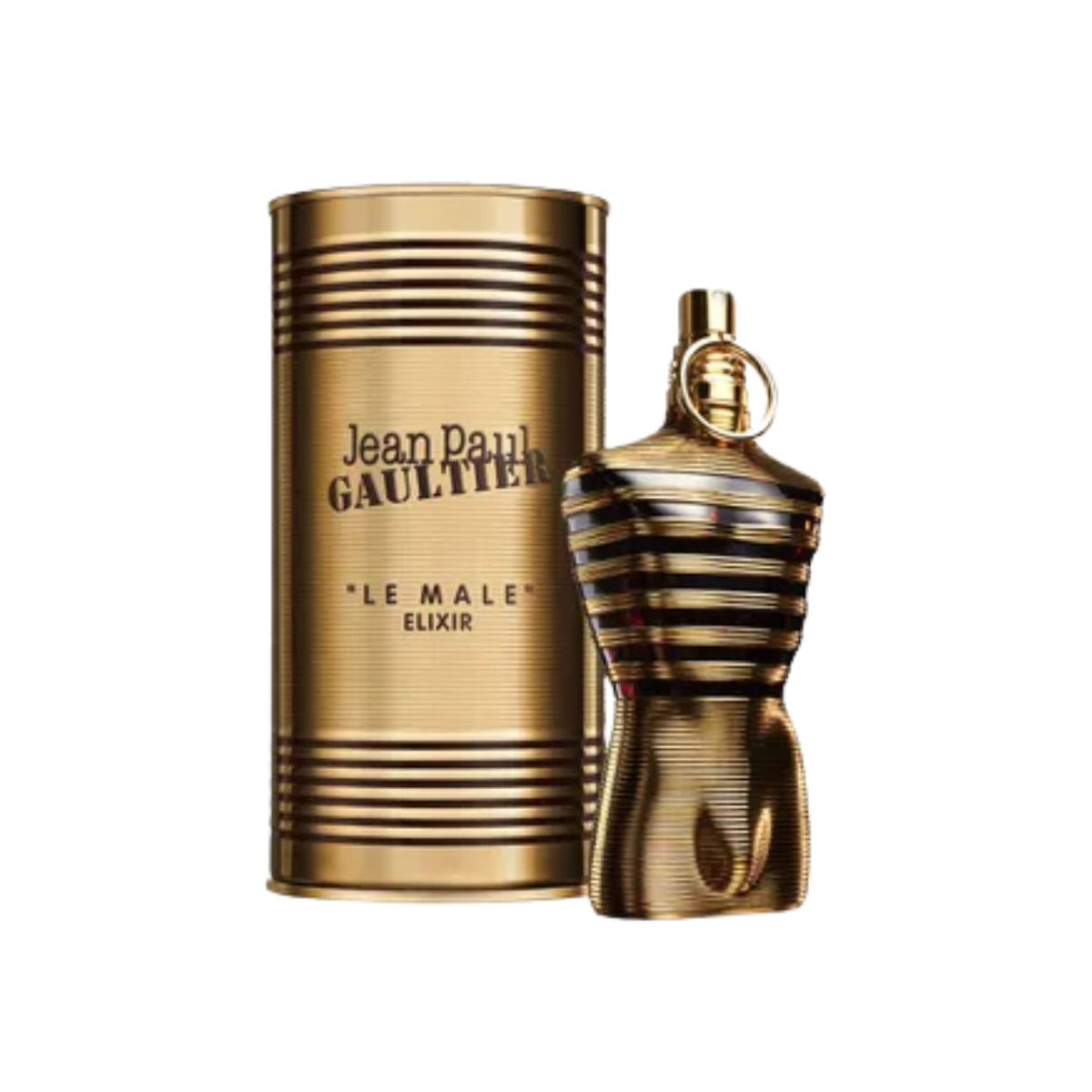 Gold perfume bottle and packaging of Jean Paul Gaultier Le Male Elixir on a white background