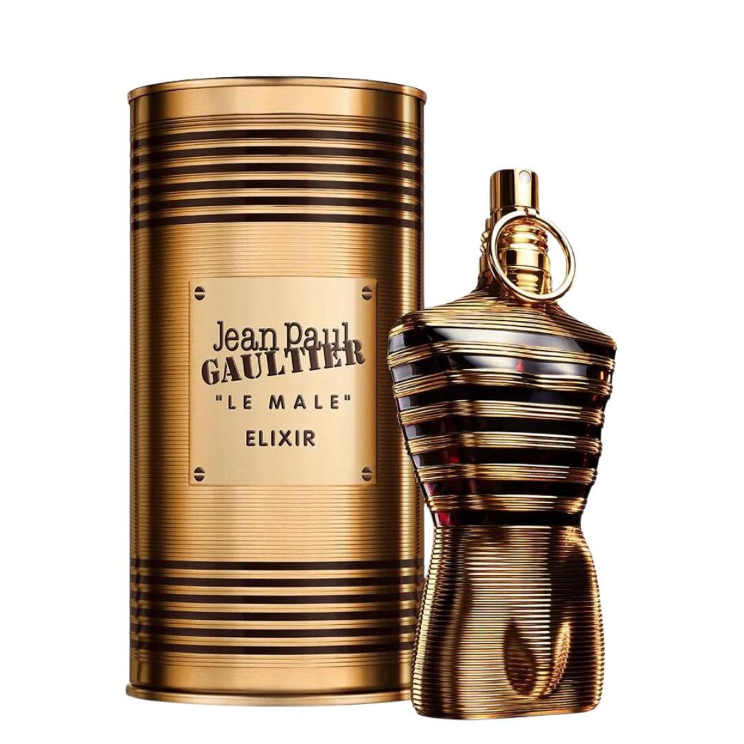 Jean Paul Gaultier Le Male Elixir perfume bottle and its signature gold cylindrical packaging box, shown on a clean white background.