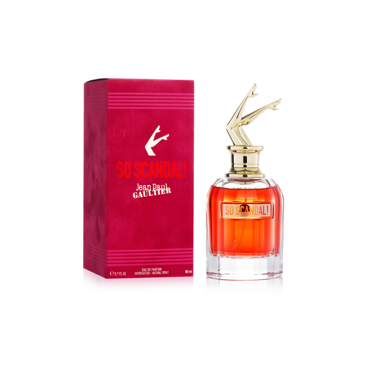 Perfume bottle and packaging of 'So Scandal' by Jean Paul Gaultier on a white background