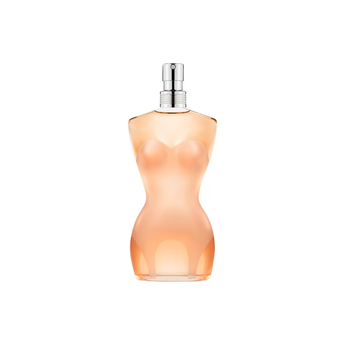 Perfume bottle with a peach-colored body and silver cap on a white background